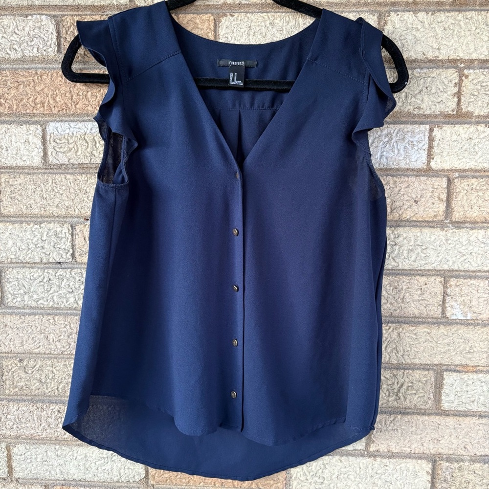 Forever 21 Navy Snap-Front Ruffle Sleeve Blouse